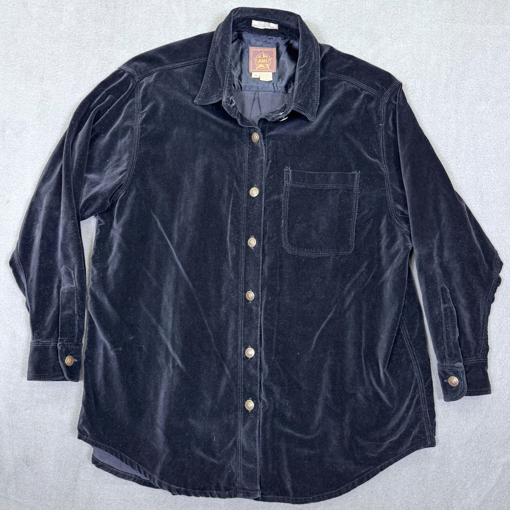 Vintage Ami Shirt Women M Black Velvet Western Long Sleeve Pocket Top Blouse
